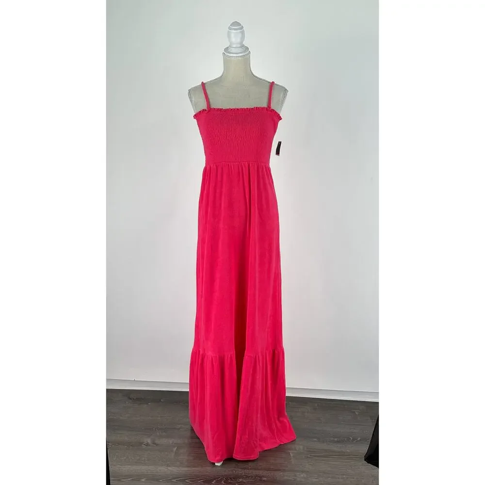 Juicy Couture Smocked Terry Cloth Maxi Dress Pink Womens Size Medium New Y2K